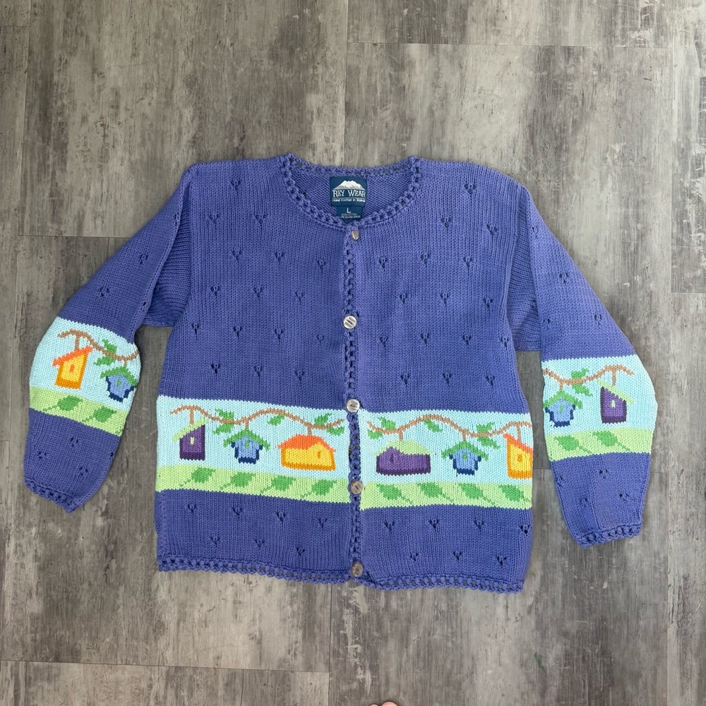 Rey Wear Purple Knit Cardigan with Birdhouse Design Size Large‎